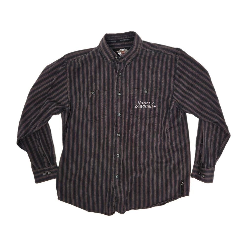 Harley Davidson Embroidered Wings Mens L Striped Button-Down Biker Motorcycle